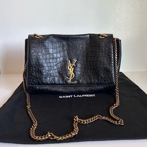 Saint Laurent Black Croc-Embossed YSL Chain Shoulder Bag REVERSIBLE